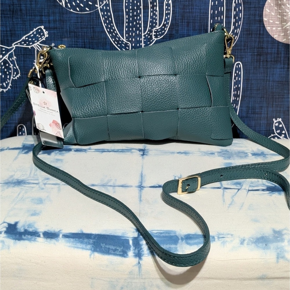 NEW NWT Stella Bianca Genuine Leather Woven Crossbody Bag Green Pavone